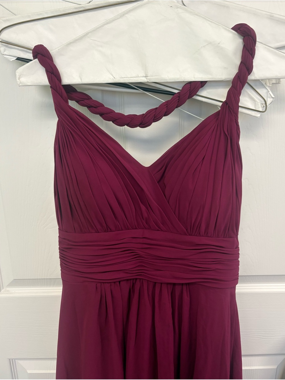 Christina Wu Braided-Strap Pleated Bodice Dress in Burgundy